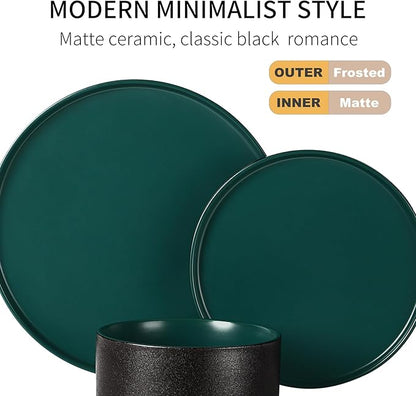 GZG Classic Series - Plates and Bowls Set for 8, 24 Piece Stoneware Dinnerware Sets, Microwave and Dishwasher Safe Lead-Free Handcrafted Ceramic Dishes Set - Malachite Green