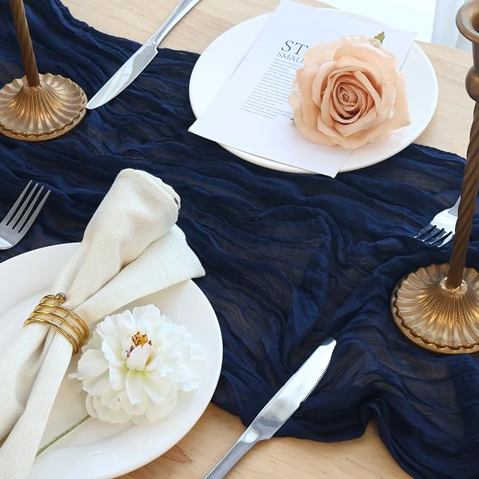 8 Pack Navy Blue Cheesecloth Table Runner 120 Inch Boho Wedding Decor | - Image 5