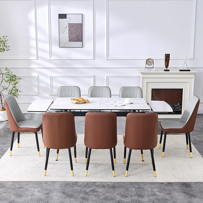 Extendable Dining Table Set for 8, 55'' to 78.8'' Rectangular Thickened Sintered Stone Kitchen Table with 8 Upholstered Chairs, Modern Space Saving 9-Piece Dinner Table Set