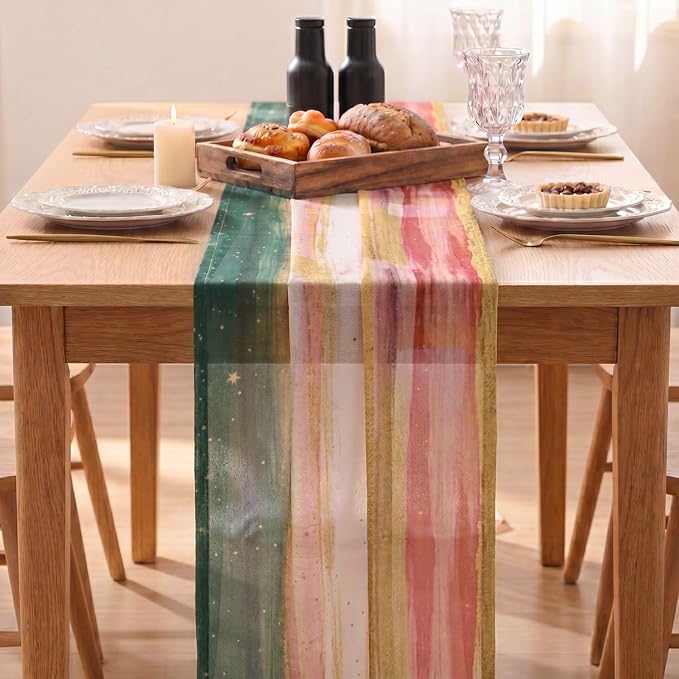 Artoid Mode Boho Green Red Stripes Christmas Chiffon Table Runner 120 Inches - Image 3
