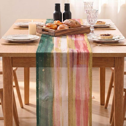 Artoid Mode Boho Green Red Stripes Christmas Chiffon Table Runner 120 Inches - Image 3