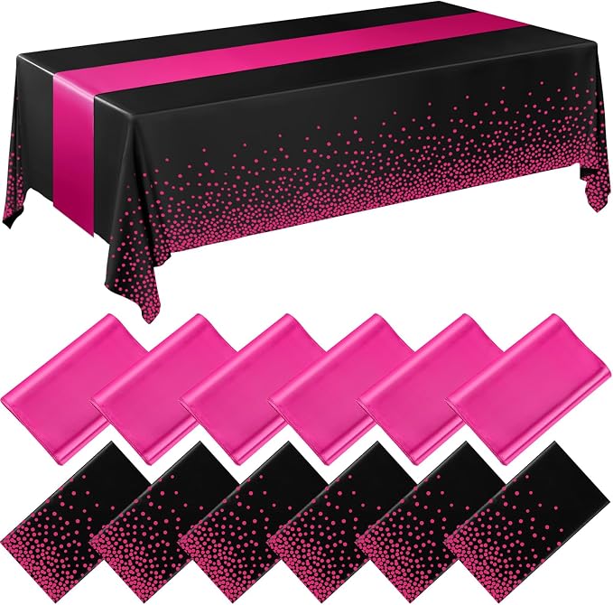 12 Pack Black and Hot Pink Disposable Plastic Tablecloths and Satin Table by Breling