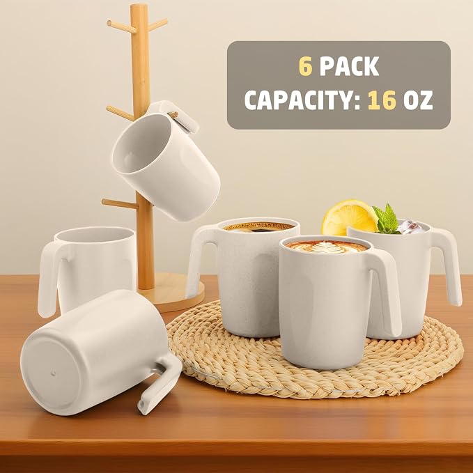Coffee Mugs Set of 6, Wheat Straw Cups 16 oz, Resuable Plastic Coffee Cups - Image 7