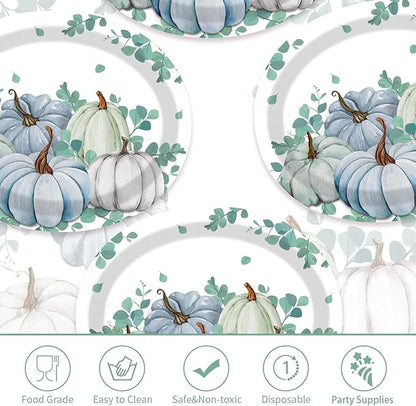 50Pcs Fall Oval Paper Plates Thanksgiving Plates Large 10" X 12" Disposable 400GSM Blue and White Pumpkin Plate for Little Pumpkin Baby Shower Fall Harvest Party Thanksgiving Party Decorations