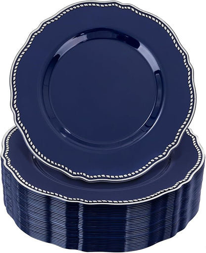 Hioasis 60pcs Blue Plastic Plates - Blue and Silver Disposable Dinnerware with Gold Rim, Heavy-duty, 7.5 inch, Dessert Plates for Party & Christmas