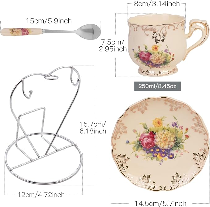 YOLIFE Tea Cups and Saucers Set of 2, 8 OZ Flowering Shrubs Tea Cups Set | - Image 3