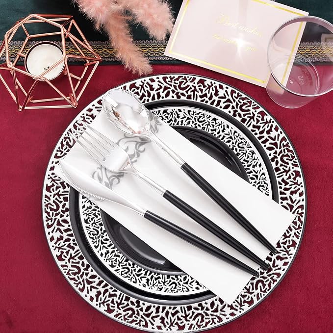 LIYH 350Pcs Black Silver Lace Plastic Plates Dinnerware Set - Image 7