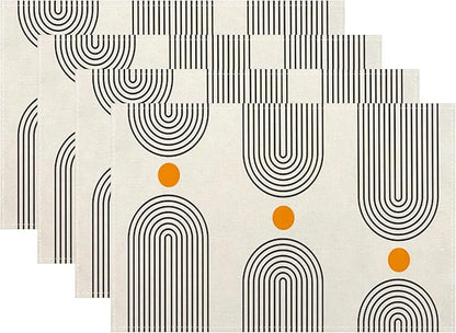Boho Placemats 12x18 Inches Set of 4,Mid Century Black Orange Art Line Decorative Rectangle Bohemian Modern Abstract Table Mats for Party, Home Kitchen,Dining Table Decoration