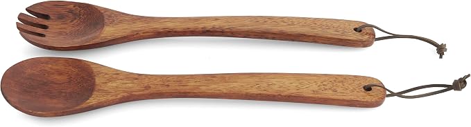 Woodard & Charles 14" Wood Salad Servers w/Leather Strap, Cherry Stain | by WoodardandCharles