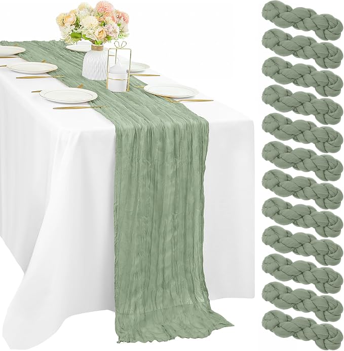 12 Pcs 10FT Sage Green Cheesecloth Table Runner 35 x 120 Inches Long Runner by Sunnyline