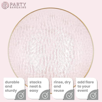 PARTY BARGAINS 13-Inch Charger Plates - 4 Pack, Hammered Pink Gold Rim, Heavy-Duty Disposable Chargers for Elegant Dining - Ideal for Weddings and Formal Events