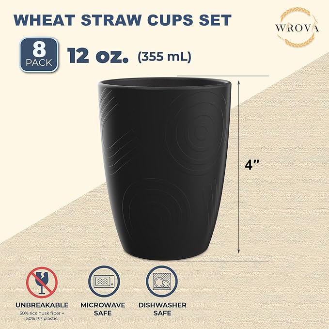 Wrova Wheat Straw Cups 8 PCS Good Alternative to Plastic Cups 12 oz Unbreakable - Image 2