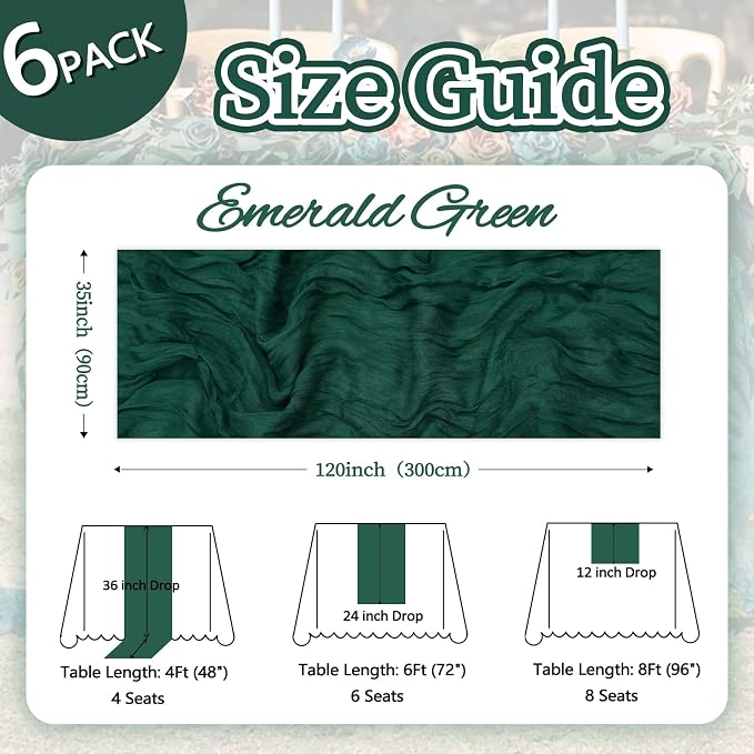 6 Pack Emerald Green Cheesecloth Table Runner 35 x 120 Inch | Boho Gauze Cheese - Image 2