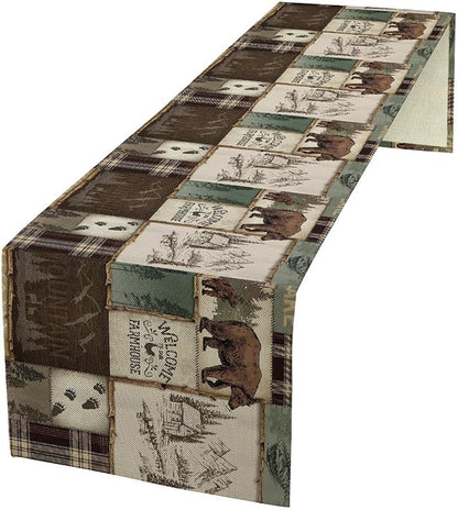 Rustic Cabin Bear Table Runner, Vintage Cottage Country Style Pine Tree Elk by SXXLDNG