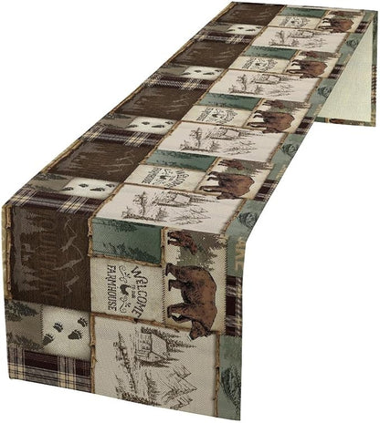 Rustic Cabin Bear Table Runner, Vintage Cottage Country Style Pine Tree Elk by SXXLDNG