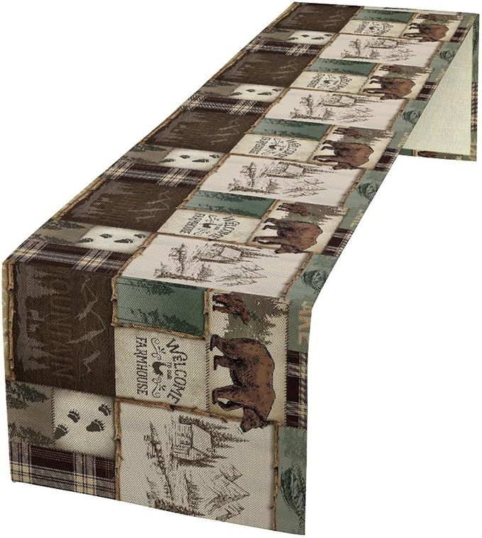 Rustic Cabin Bear Table Runner, Vintage Cottage Country Style Pine Tree Elk by SXXLDNG