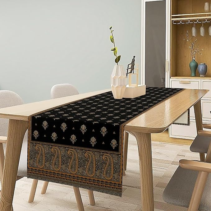 Vintage Paisley Table Runner, Boho Brown Black Flowers Leaves Print Table Runner - Image 2