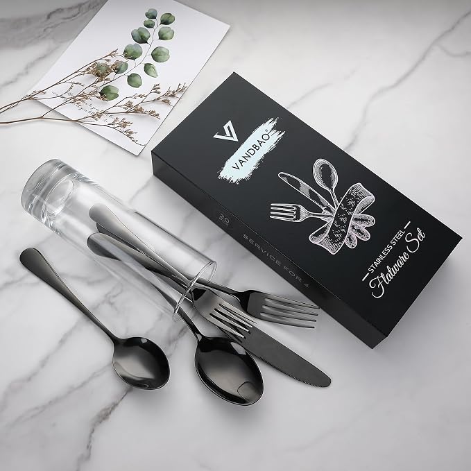 VANDBAO Black Flatware Cutlery Silverware Set 20 Pieces, Stainless Steel - Image 2