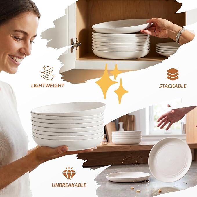 Wheat Straw Plates, 8 Inch Dessert Plates Set of 8, Unbreakable White Round - Image 6