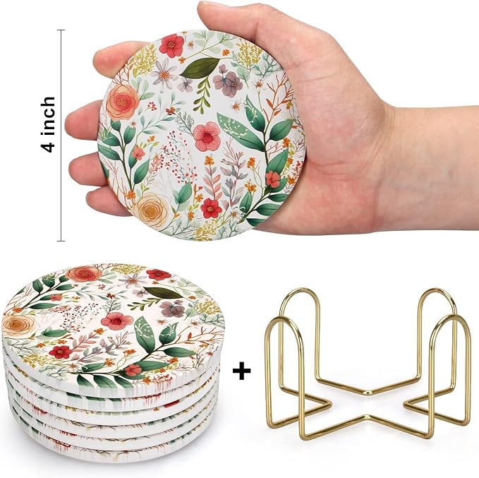 Cute Flower Absorbent Drink Cup Coasters Set of 6 Floral Coffee Table Decor | - Image 8