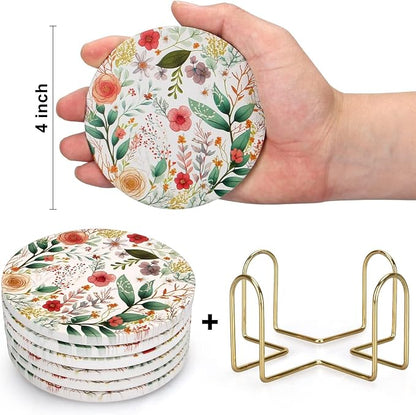 Cute Flower Absorbent Drink Cup Coasters Set of 6 Floral Coffee Table Decor | - Image 8