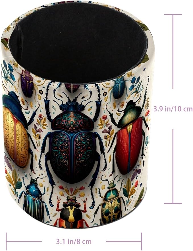 Leather Pen Holder for Desk, Circular Beetle Pencil Cup Pen Organizer Makeup - Image 3