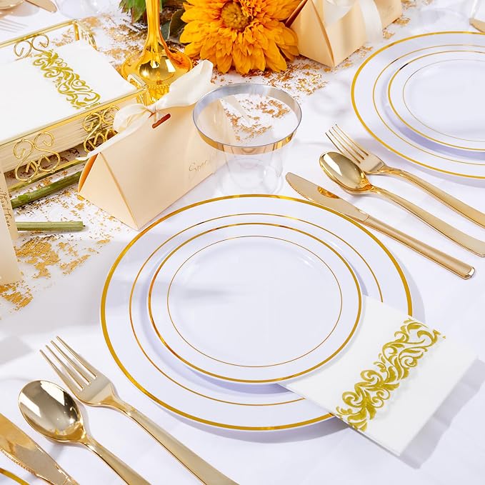 WELLIFE 700 Pieces Gold Plastic Dinnerware Set - Image 5