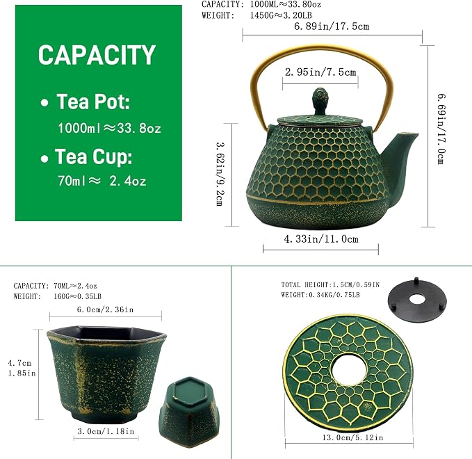 YJX Cast Iron Teapot and Cups Set, 33.8oz Hexagon Pattern Tea Pot Enameled - Image 3