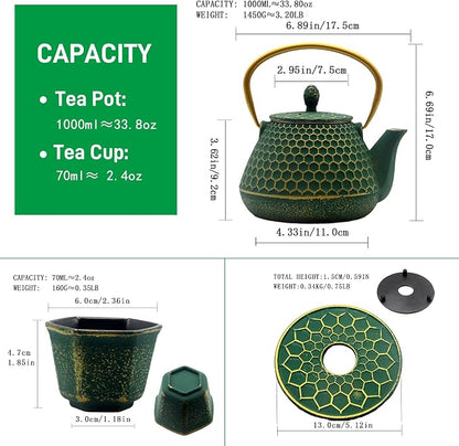 YJX Cast Iron Teapot and Cups Set, 33.8oz Hexagon Pattern Tea Pot Enameled - Image 3