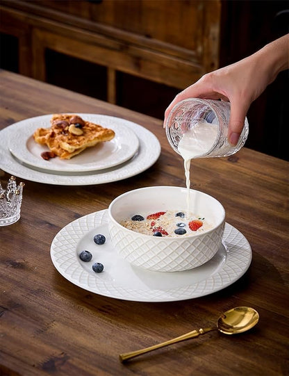 26oz Ceramic Cereal Bowls, Embossed Cereal bowls Set of 4, Large Soup Bowls Wide Anti-Slip Base, Dishwasher & Microwave Safe, 6 inch Stoneware Soup Bowls, Housewarming Gift, Arctic white