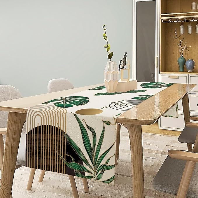 Abstract Emerald Green Table Runner Retro Boho Tropical Leaves Sun Geometric - Image 2