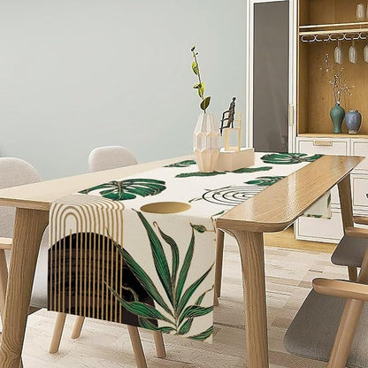 Abstract Emerald Green Table Runner Retro Boho Tropical Leaves Sun Geometric - Image 2