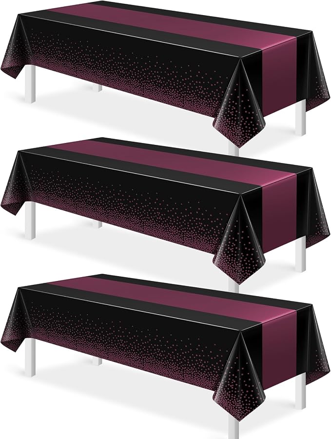 3Pcs Black and Maroon Purple Tablecloth Party Decorations, Plastic Black Table by MASHAN