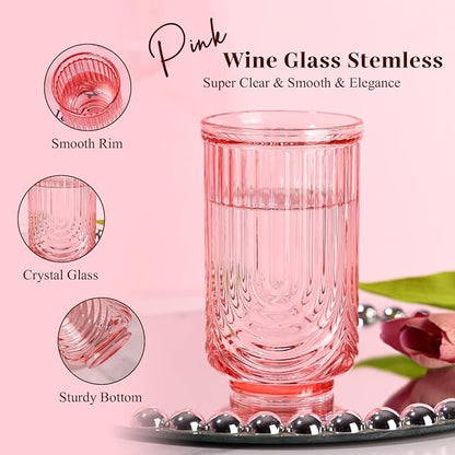 Pink Vintage Drinking Glasses Set of 6-17oz Hand-Blown Highball Ribbed Glassware - Image 4