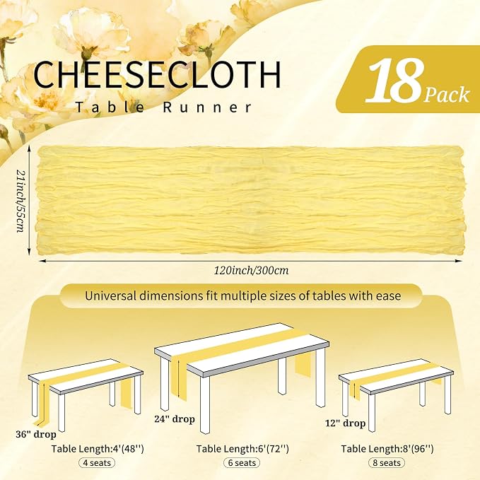18 Pack Cheesecloth Table Runner 10FT Light Yellow Table Runner Boho Gauze - Image 2