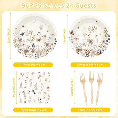 96 Pcs Wildflower Party Decorations, Floral Tableware Set | Serves 24 guests - Image 2