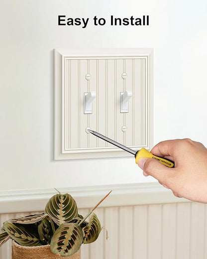 2-Pack Classic Beadboard Double Toggle Light Switch Cover Plate, Durable Natural Bamboo Fiber Decorative Switch Plate Covers, Light Almond 2 Gang Wall Plate