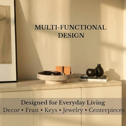 JUPTR 12” Fluted Concrete Fruit Bowl – Heavyweight Pedestal Decorative Bowl for Table Centerpiece, Entryway Catch-All & Modern Home Décor (Beige)