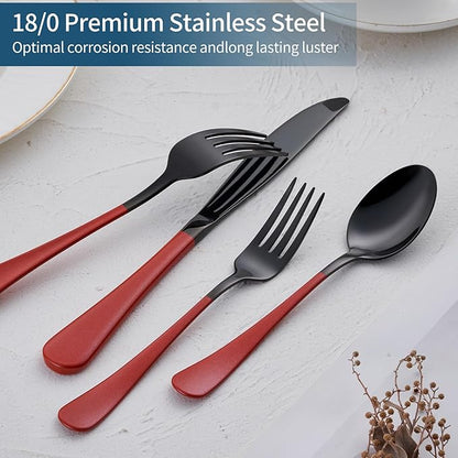 20-Piece Red Silverware Set 18/0 Stainless Steel Black Silverware Set Red Handle Cutlery Black Set Service for 4 Dinner Knives Forks Spoons Set Black Flatware SetFinish Dishwasher Safe