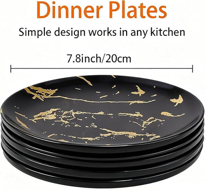 6-Piece Black Marble Ceramic Plates with Gold Rim, 8-Inch Dinner Plates Set, Oven & Microwave Safe, Dishwasher Safe, Elegant Appetizer, Salad, and Dessert Plates for Modern Dining