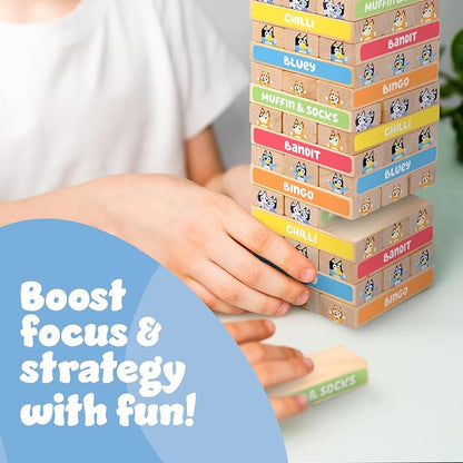 Bluey Tumbling Tower Game, 54 Illustrated Wooden Blocks, Ages 3+ - Image 6