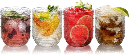 Topsky Vintage Drinking Glass Set of 4,12 oz Embossed Floral Drinkware Set,Colorful Drinking Glasses Cups Wine Glasses Colored Glassware for Whisky,Beer,Juice,Cocktail,Heavy Duty-Clear