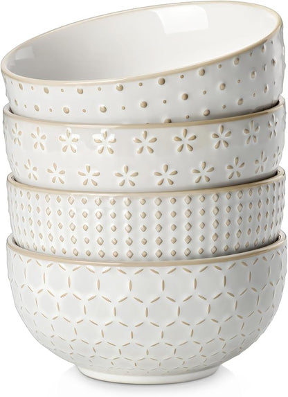 MALACASA Cereal Bowls, 30 Ounce Ceramic Soup Bowl for Kitchen, Stoneware Bowls Set of 4 with Embossment for Pho, Chip, Fruits, Salad, Noodle, Ramen - 6 Inch, Arctic White Series LYDIA