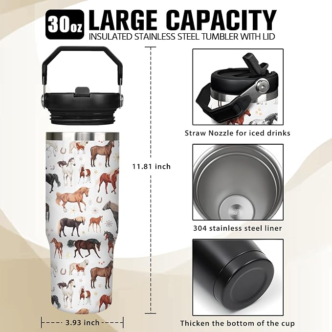 30 oz Horse Tumbler with Handle and Flip Straw, Vacuum Insulated Water Bottle - Image 2