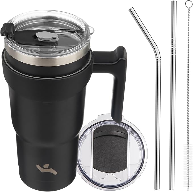 Konokyo 20 oz Tumbler with Handle and Straw, Insulated Travel Mug | Black; by Konokyo