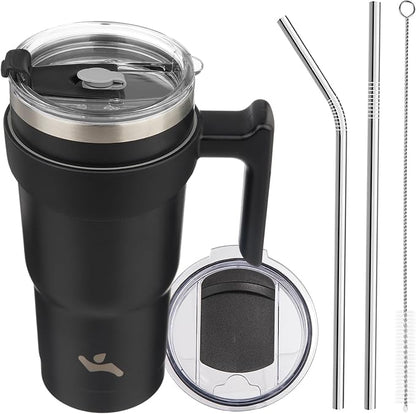 Konokyo 20 oz Tumbler with Handle and Straw, Insulated Travel Mug | Black; by Konokyo