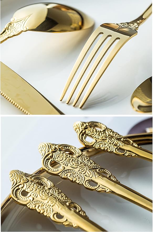Gold Silverware Set for 6 Premium 18/10 Stainless Steel Flatware Set Palace Style 30 Piece Cutlery Tableware Utensils Embossed Decorative Handle Knives Forks and Spoons for Home Christmas Wedding
