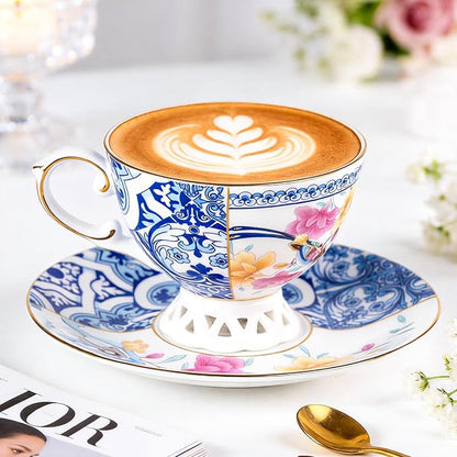 KAMMAK Tea Cups and Saucers Set of 2, Fine Bone China Coffee Cups, GH011 | - Image 4