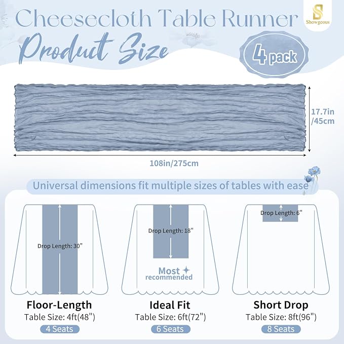 Showgeous 4 Pack Dusty Blue Cheesecloth Table Runner, 17 x 108 Inches | Boho - Image 2