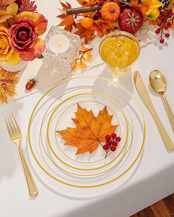 bUCLA 150Pcs Clear Gold Plastic Dinnerware Set - Image 3